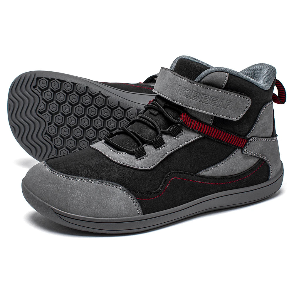 Kids Barefoot Boots with Wide Toe Box, Zero-Drop Sole and Adjustable Hook-and-Loop Strap, HOBIBEAR Artificial Leather Mid-Top Outdoor Shoes
