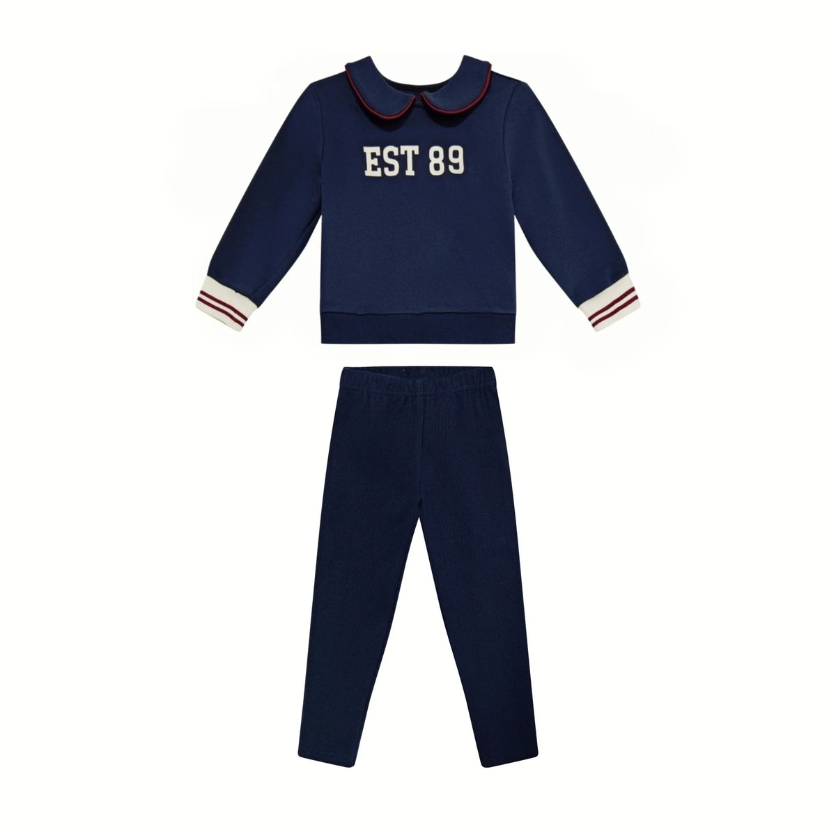 Navy Collared Kids Matching Outfits with Striped Trim, Boys Sweatshirt, Girls Dress and Skirt Set Options for Sibling Photos and Fall