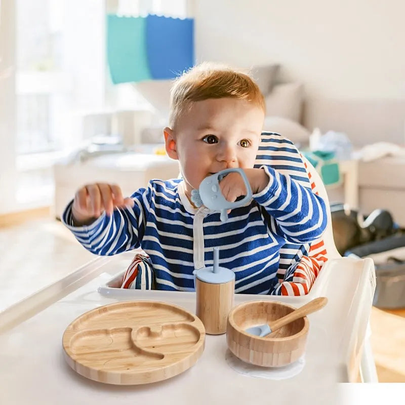 Bamboo Baby Tableware Set with Animal Plate Designs, Bowl, Cup and Wooden-Handle Utensil Options for Supervised Infant and Toddler Mealtimes