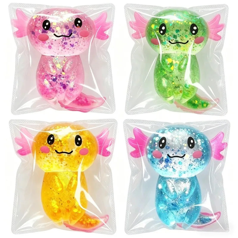 Axolotl Squishy Toy with Glitter, Soft TPR Salamander Squeeze Fidget for Gentle Tactile Play, One Random-Color Animal Lover Gift