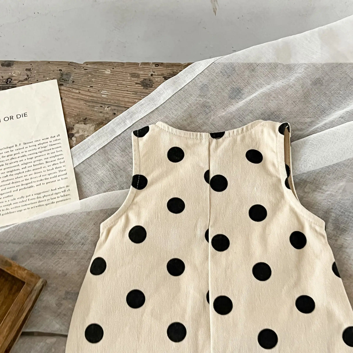 Polka Dot Baby Jumpsuit in Beige with Black Spots, Sleeveless Button-Front One-Piece with Flap Pockets for Infant Girls Everyday Outfits