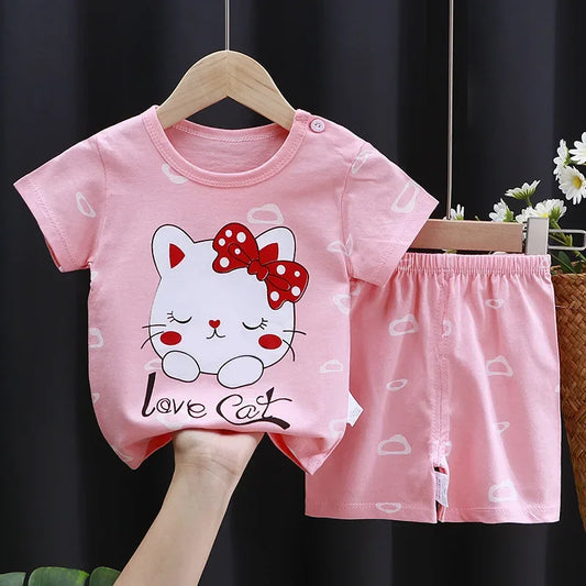 Toddler Cotton Shorts Set with Cartoon Print T-Shirt and Elastic Waist, Two-Piece Casual Baby Outfit in Contrast Colors for Everyday Summer Wear
