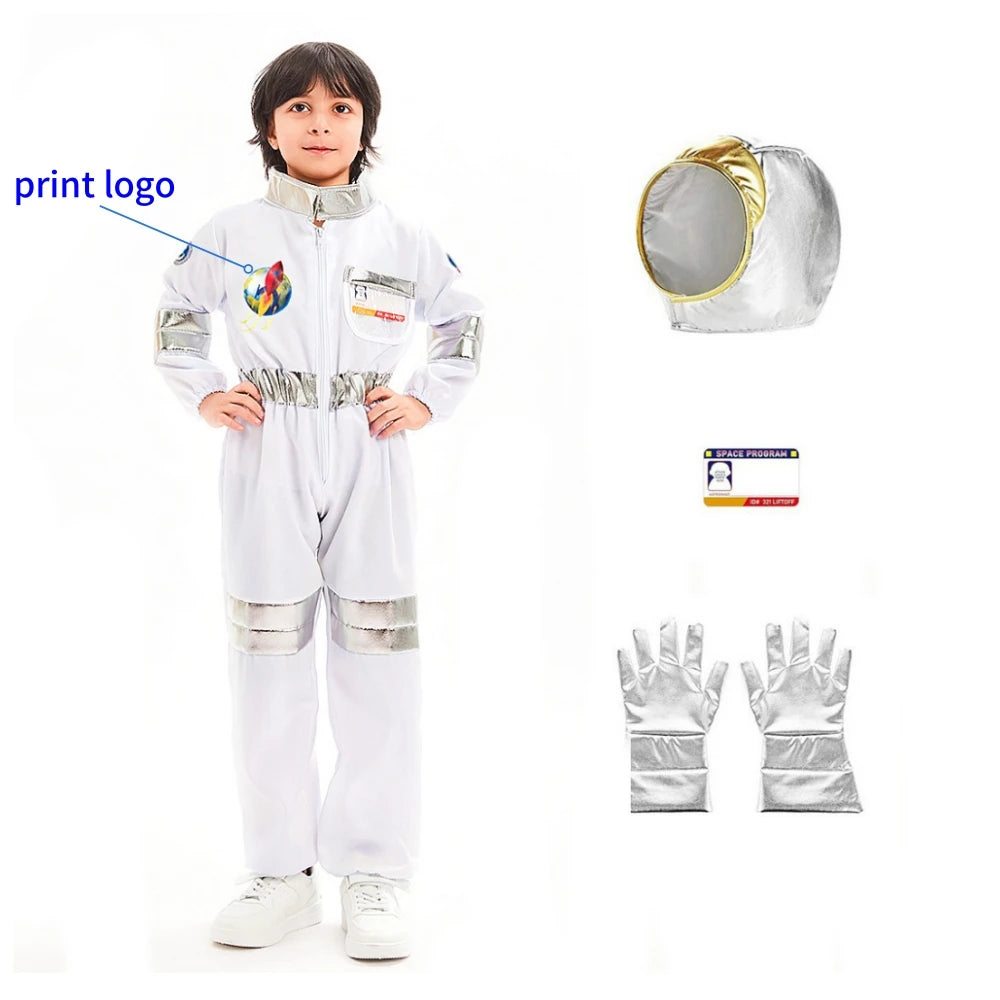 Space Explorer Costume for Kids with White Astronaut Jumpsuit, Space-Themed Patches and Metallic Trim Options for Halloween and Birthday Parties