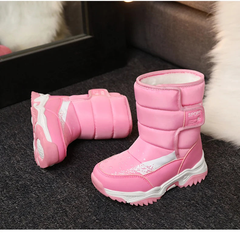 Kids Plush-Lined Winter Boots with Padded Shafts and Front Flap Closures, Pink or Purple Snow-Style Footwear for Boys and Girls