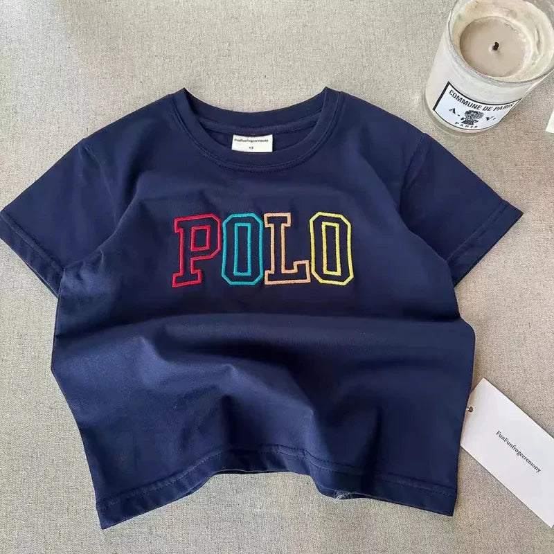 Kids Letter Print T-Shirt in Cotton with Colorful Outlined Graphic, Short Sleeve Crewneck Summer Top for Casual Outfits and Family Outings