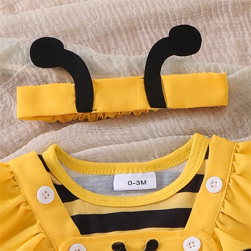 Infant Girl Bee and Ladybug Dress Set with Long Sleeve Cotton Blend Romper, Embroidered Suspender Skirt and Matching Headband, 0-18 Months