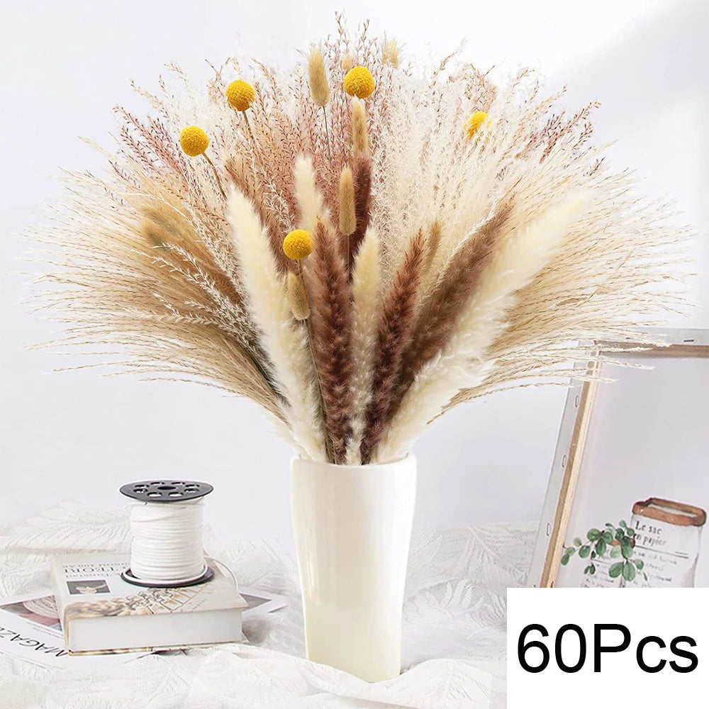 Dried Pampas Grass Bouquet, Natural Decorative Flowers and Bunny Tail Grass for Boho Vase Styling, Home Displays, Weddings and Party Decor