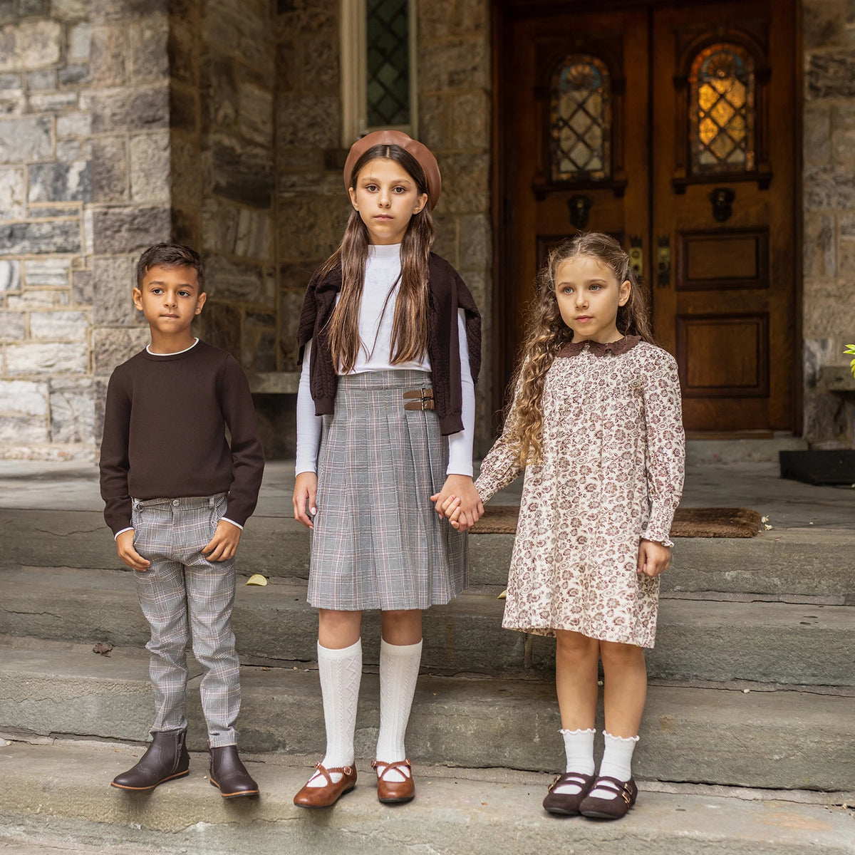 Brown Floral Sibling Matching Outfits with Cotton Girls Dresses and Baby Bloomer Sets, Coordinating Cardigans and Plaid Boys Pants or Overall Shorts