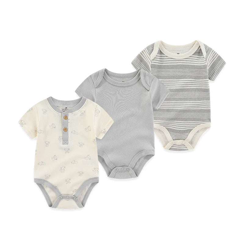Cotton Infant Bodysuit Trio with Short Sleeves, Printed and Solid Baby One-Piece Outfits with Bottom Snaps for Boys and Girls, 3M-12M