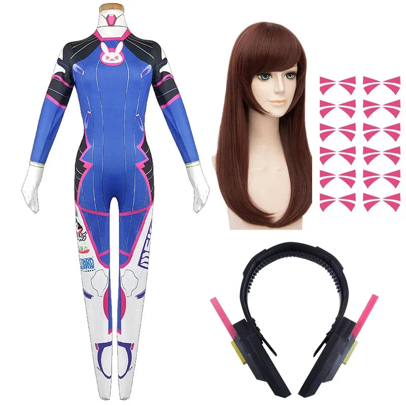 D.va Cosplay Costume and Accessory Options for Women, Blue Character Jumpsuit, Wig, Headset and Prop Selections for Halloween and Conventions
