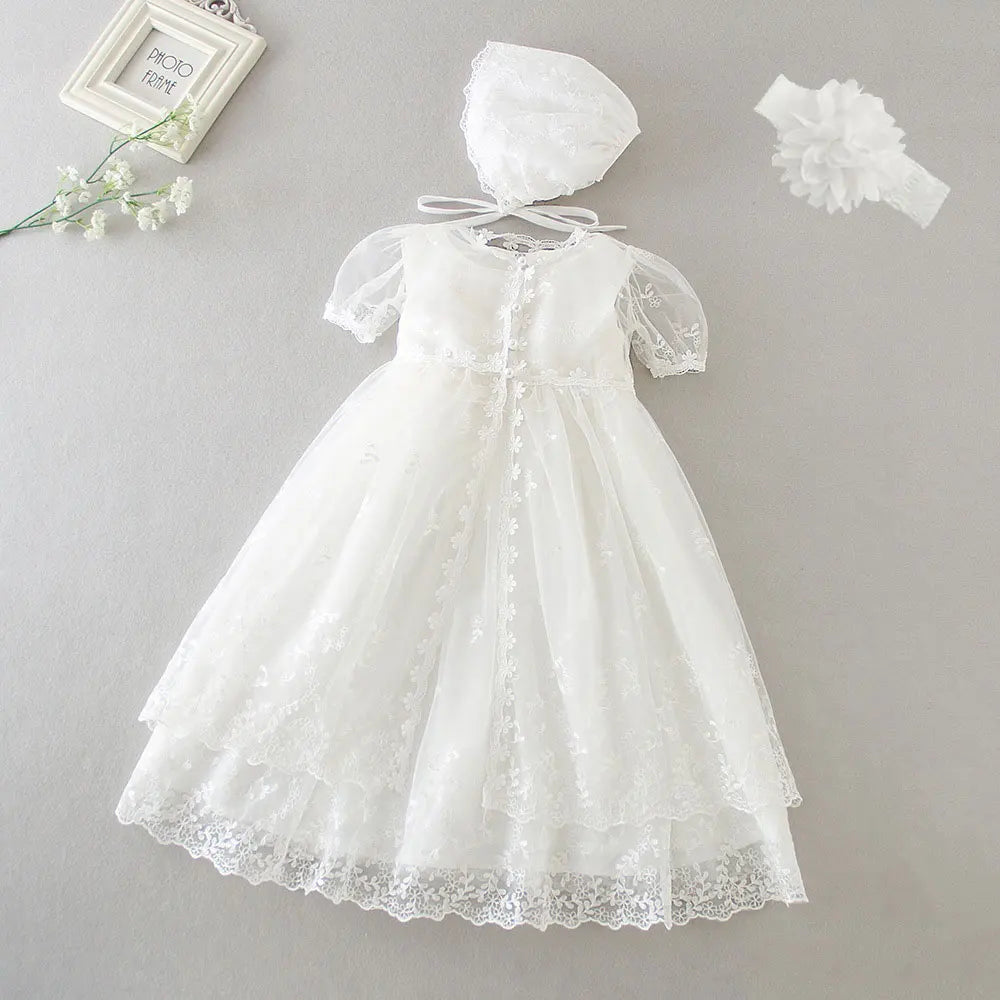 Baby Baptism Gown for Girls with Long Sleeves, Lace Details and Cotton Lining, Dress and Cap Set for Christening and First Birthday Photos