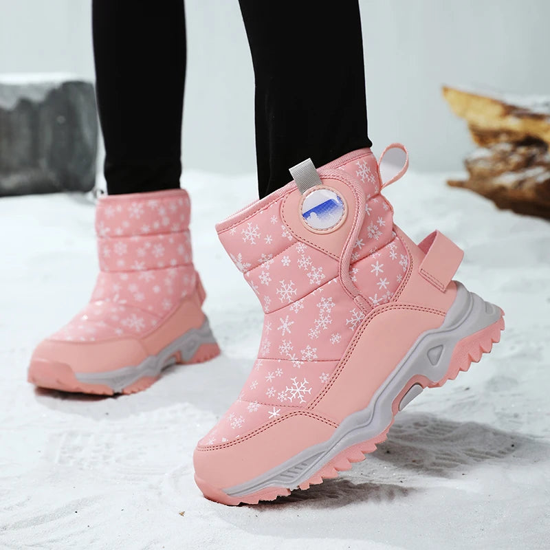 Snowflake Print Kids Winter Boots with Padded Shafts, Pull Tabs and Chunky Tread Soles, Pink Snow-Style Footwear for Boys and Girls