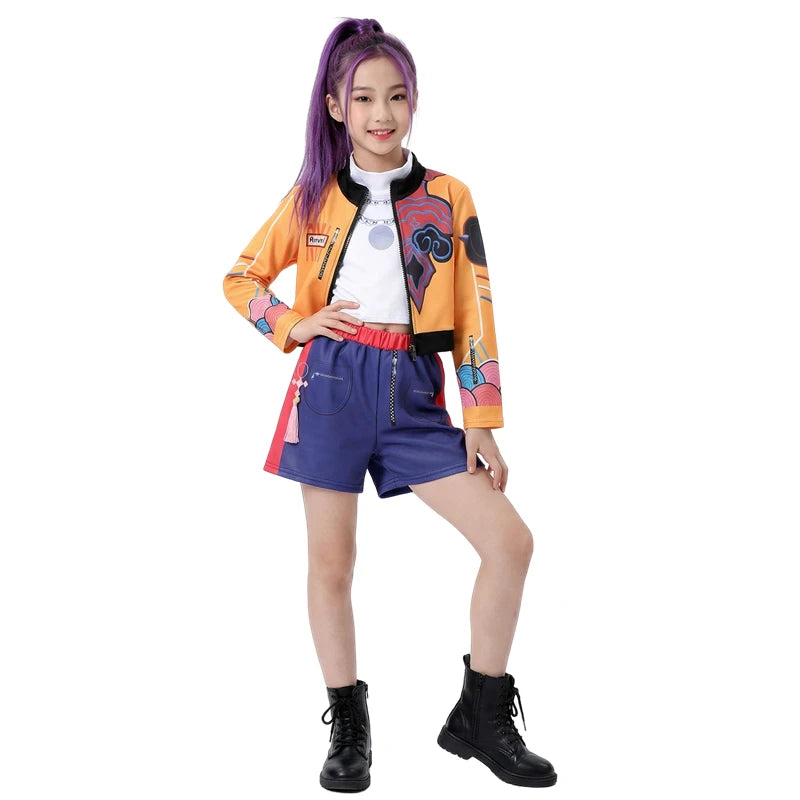 Girls Cosplay Costume Set for Halloween, Dance Performances and Dress-Up with Jacket, T-Shirt and Shorts or Top-and-Pants Outfit Options