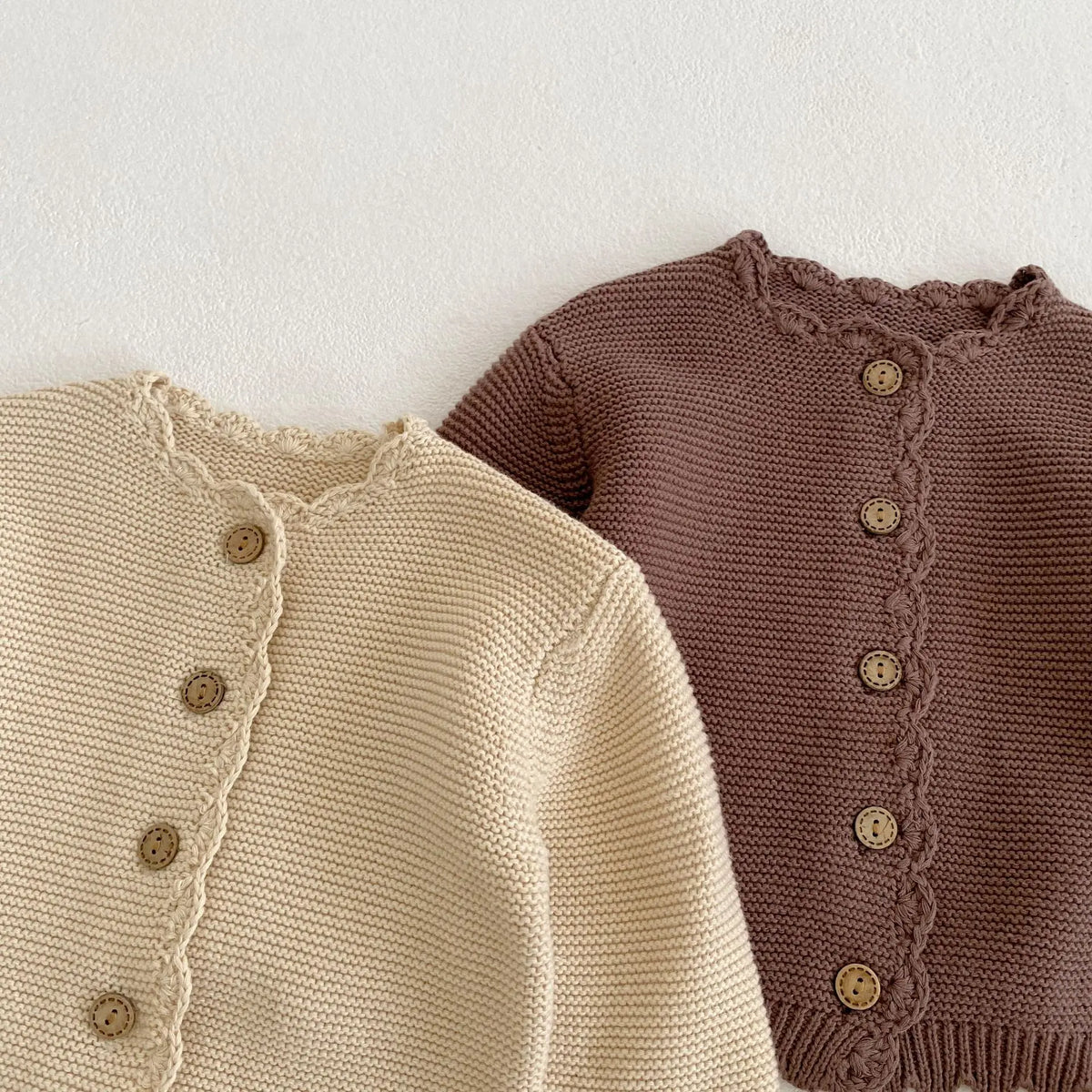 Scalloped Neck Baby Cardigan with Button Front, Textured Knit and Ribbed Cuffs, Long Sleeve Infant and Toddler Sweater in Khaki or Apricot