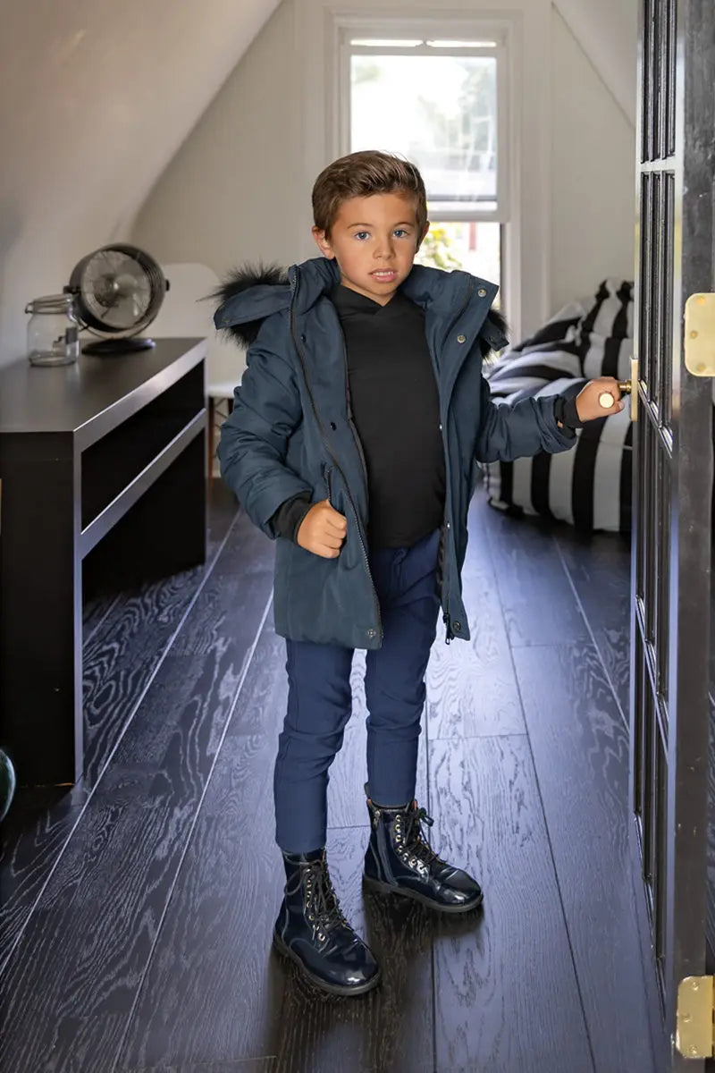 Kids Down Winter Coats with Fur-Trimmed Hoods, Black or Navy Short Bomber and Long Parka Styles for Boys and Girls, Child and Teen Size Options