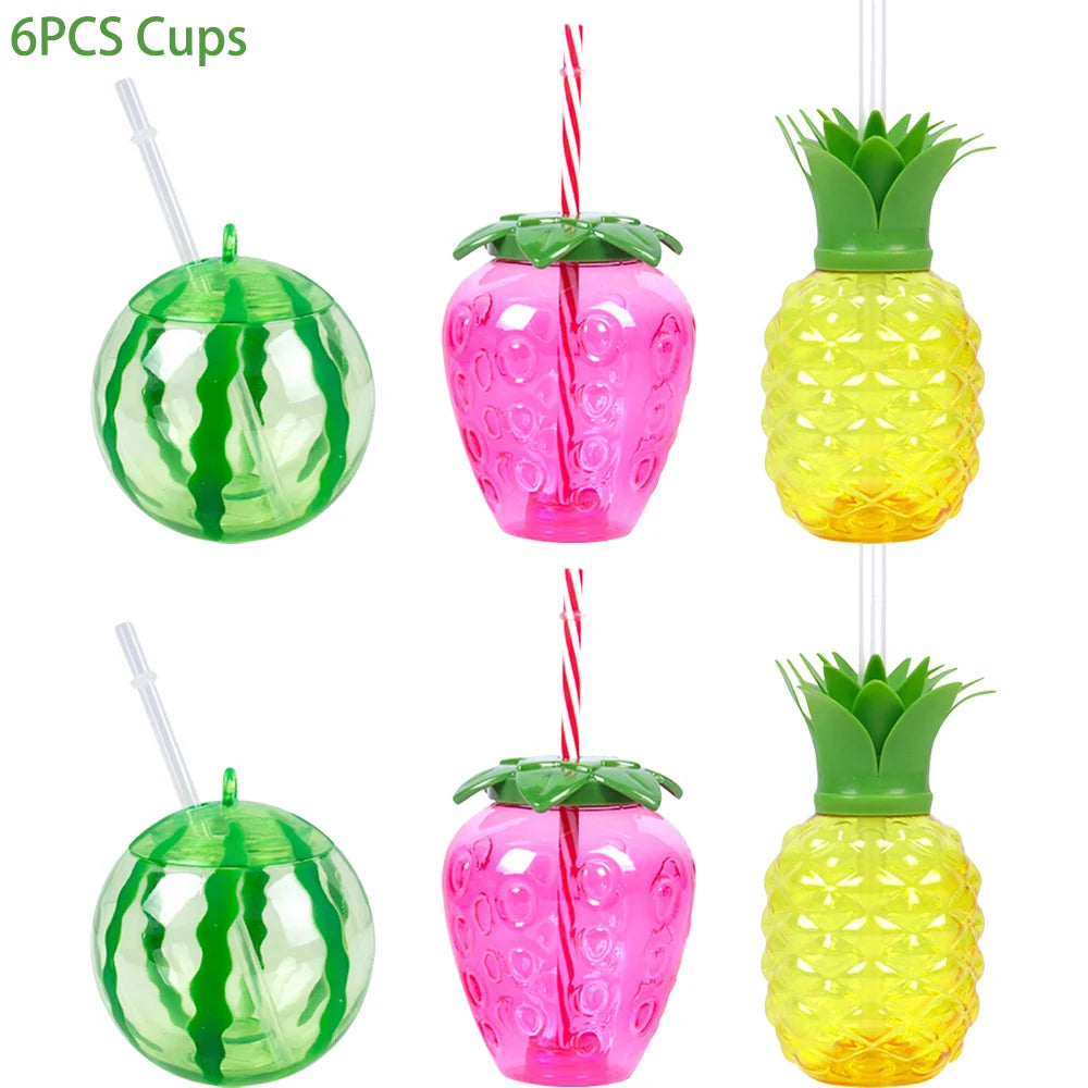 Fruit Shaped Party Cups in Pineapple, Coconut and Strawberry Designs, 6 or 10-Piece Plastic Drink Cup Sets for Luau Birthdays and Summer Celebrations