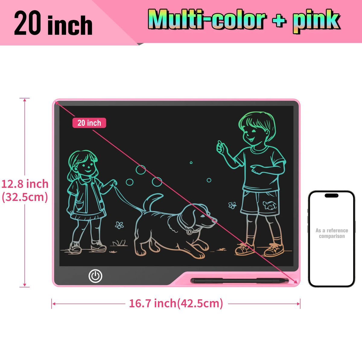 Rechargeable LCD Writing Tablet for Kids, 16 or 20 Inch Color Drawing Board with Screen Lock, Erase Button and Stylus for Learning and Memos