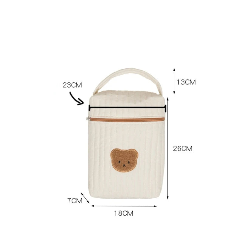 Quilted Diaper Bag with Bear Applique, Beige Cotton Zippered Baby Essentials Organizer with Carry Handle for Moms and Everyday Outings