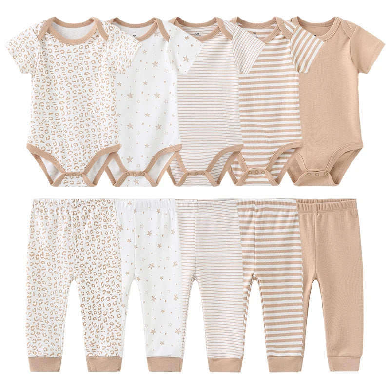 Baby Bodysuit and Pants Set, 10-Piece Kiddiezoom Infant Clothing Bundle with Short-Sleeve Tops for Boys and Girls, Sizes 3M-12M