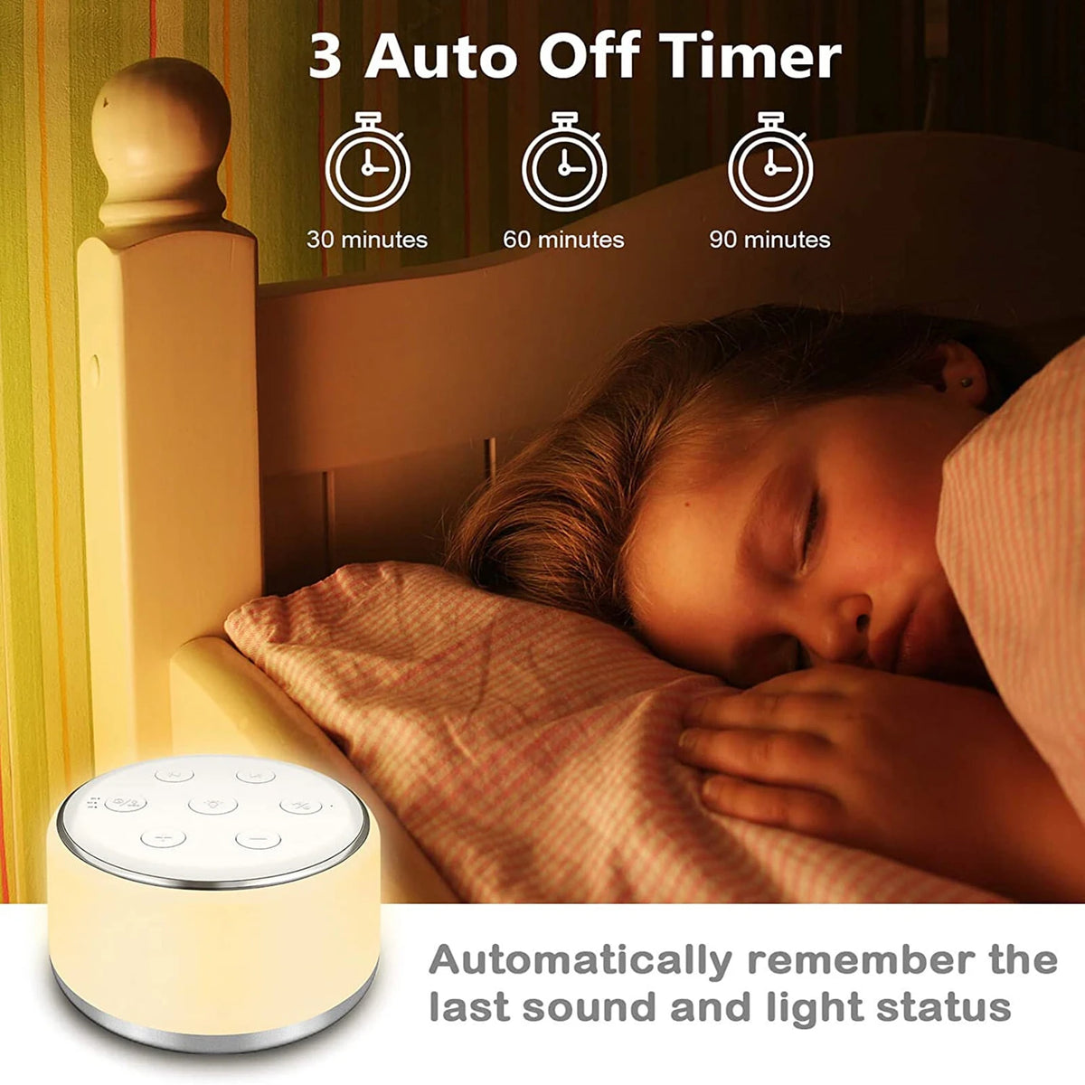 34-Sound White Noise Machine with 7-Color Dimmable Night Light, 32 Volume Levels, 30/60/90-Minute Timer and USB-C Rechargeable Battery