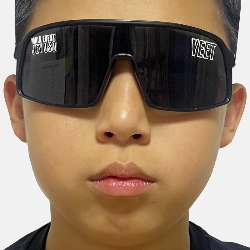 YEET Graphic Sunglasses with Jey Uso Main Event Lettering, Colorful Shield-Style Fan Shades in Children's and Adult Options for Party Outfits
