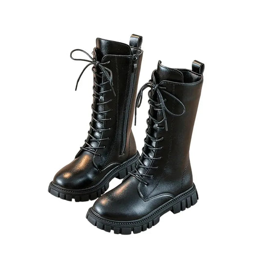 Girls Mid-Calf Lace-Up Boots with Side Zippers, Chunky Lug-Style Soles and Back Pull Tabs, Fall Winter Fashion Footwear in Sizes 27-36