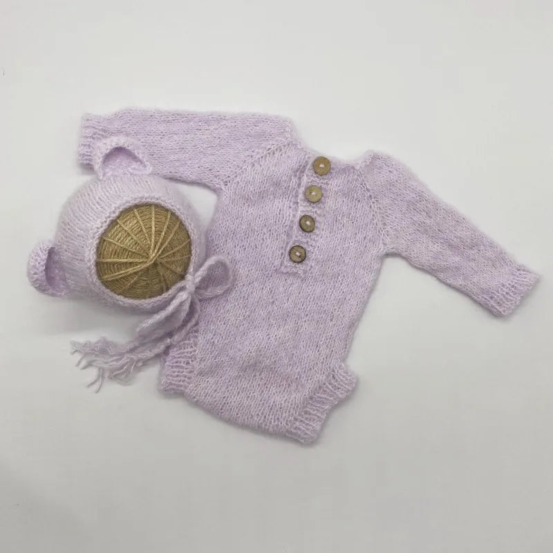 Newborn Bear Photography Outfit with Long Sleeve Knitted Romper and Bear Ear Bonnet, Optional Knit Toy for Baby Boys and Girls Portrait Sessions