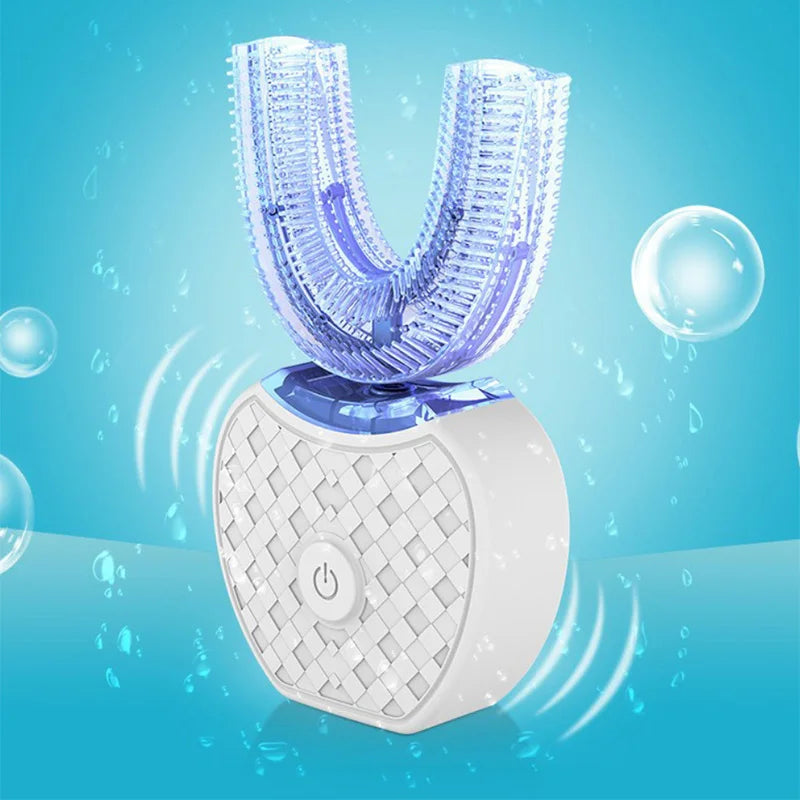 Automatic U-Shaped Electric Toothbrush with Sonic Vibration, USB Rechargeable Design and Blue Light in White, Black, Blue or Pink