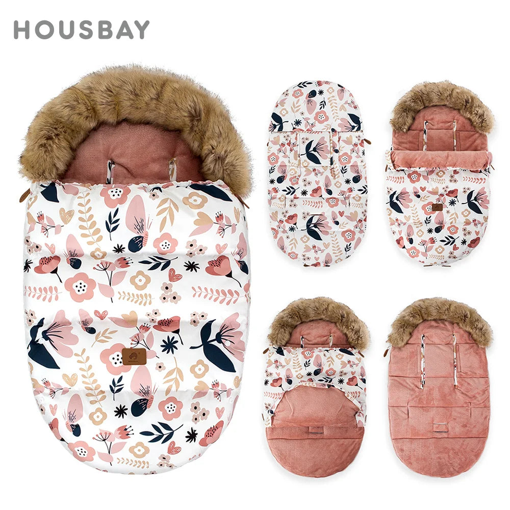 Baby Stroller Winter Footmuff with Two-Way Zipper, Removable Fur-Style Collar and Front Buttons, Pram Sack in Floral, Bear and Solid Styles