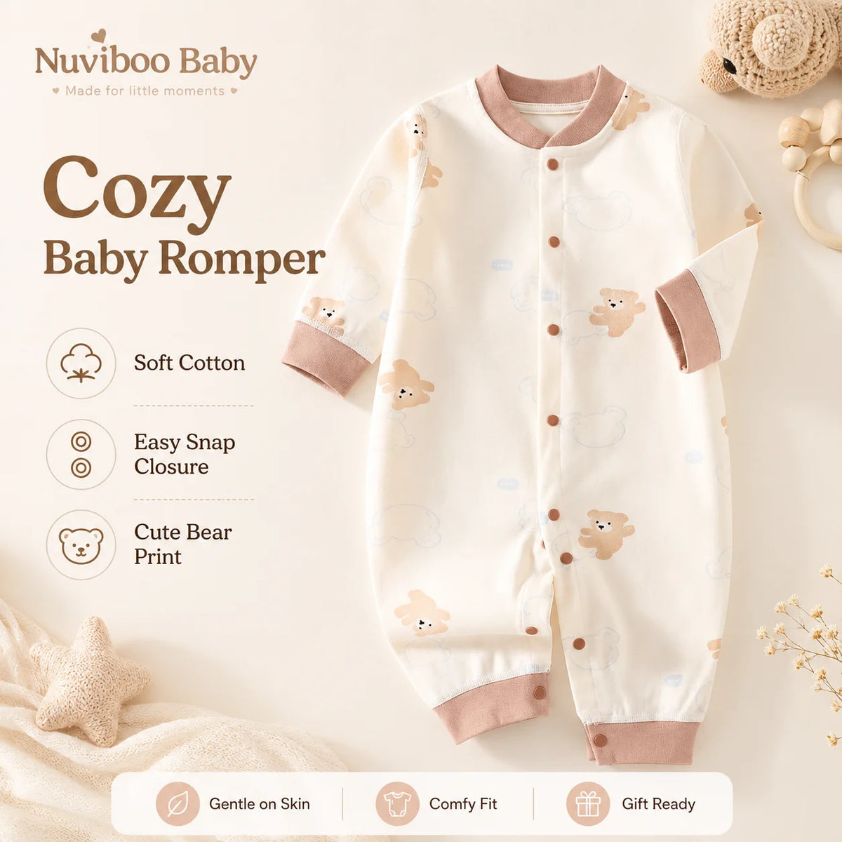 Long Sleeve Cotton Baby Romper with Front Snaps and Footless Cuffs, Animal Prints and Solid Colors for Boys and Girls, Sizes 59-90 cm