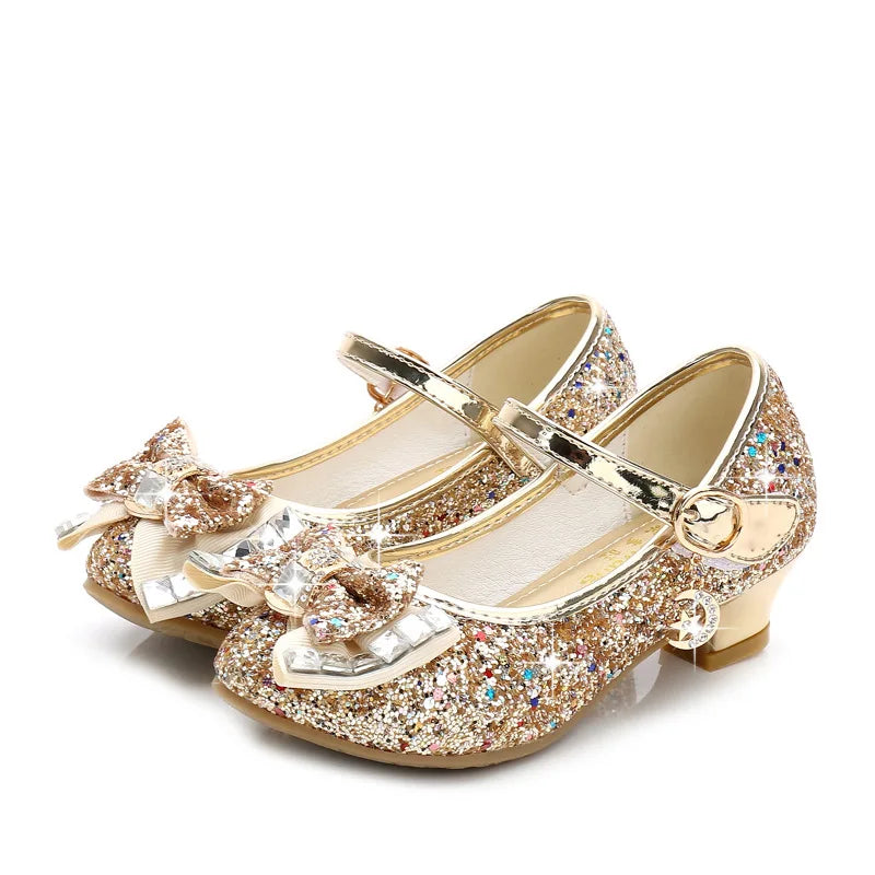 Bow-Accent Glitter Mary Jane Shoes for Girls with Buckled Strap and Block Heel, Sparkling Princess Dress Shoes for Parties and Weddings