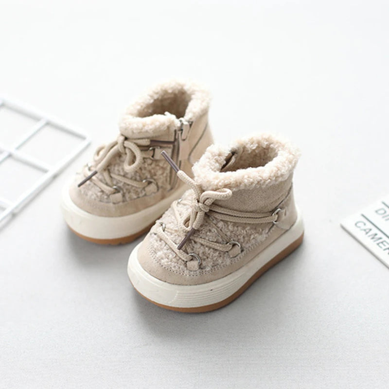 Toddler Plush Panel Lace-Up Boots with Rubber Soles and Cozy Cuffs, Beige, Black or Pink Winter Ankle Shoes for Boys and Girls, 12-15.5 cm Insoles