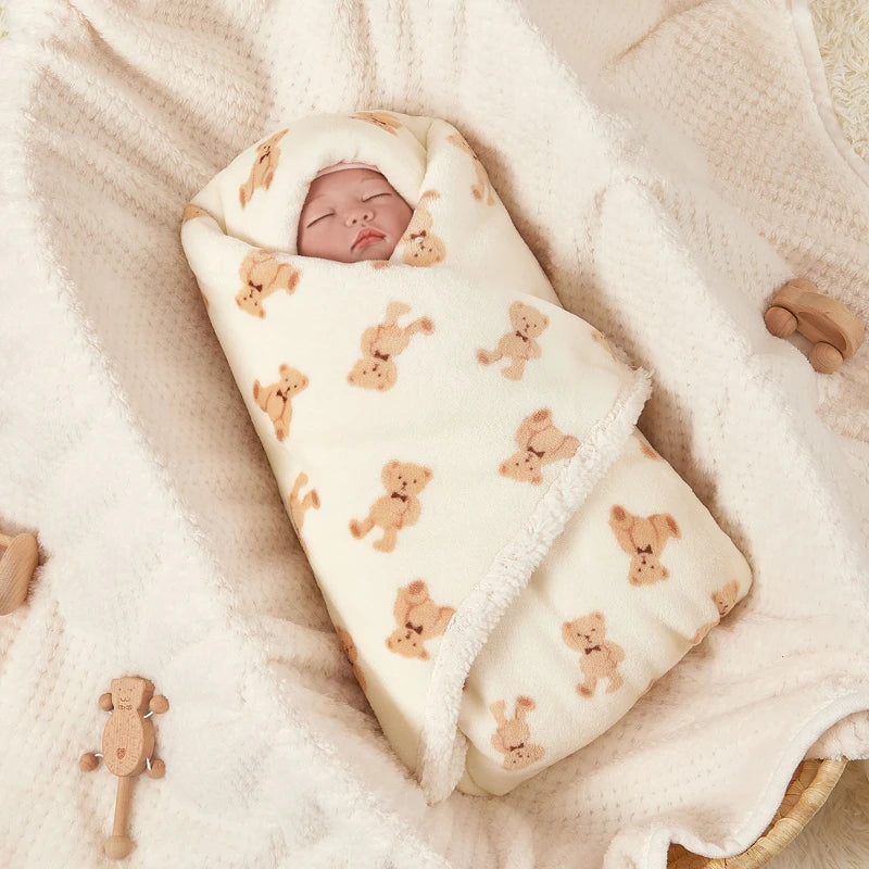 Plush Baby Blanket with Teddy Bear Print and Fleece-Style Reverse, Cozy Winter Wrap for Supervised Cuddles and Baby Shower Gifts
