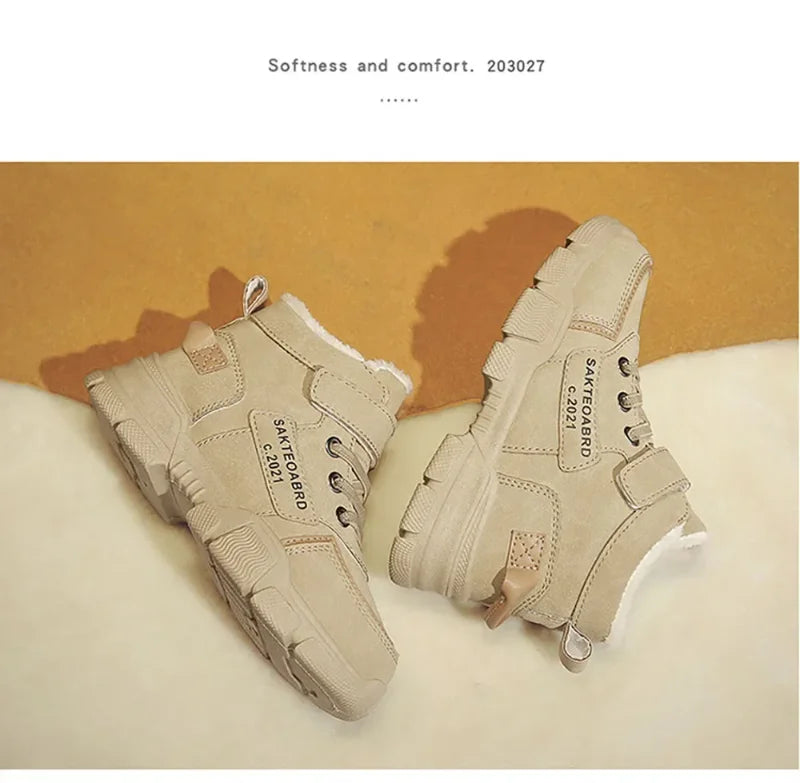 Kids Plush-Lined Winter Boots with Hook-and-Loop Ankle Strap and Lace-Up Front, Gray or Khaki High-Top Casual Shoes with Chunky Sole in Sizes 26–37