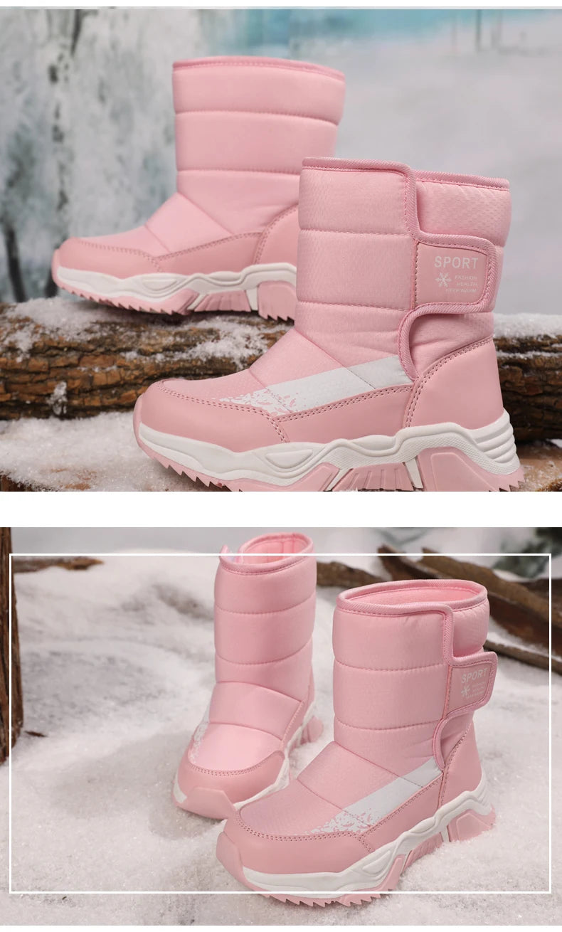 High-Top Kids Snow Boots with Hook-and-Loop Side Straps, Padded Shafts and Chunky Tread Soles for Winter Outings, Chinese Sizes 31-42