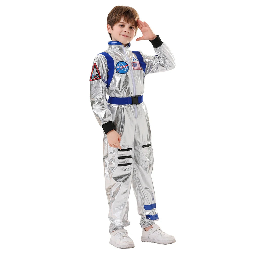 Kids Astronaut Costume Jumpsuit, Silver Space Explorer Outfit for Halloween, Carnival, Cosplay and Imaginative Dress-Up, Sizes 120–150
