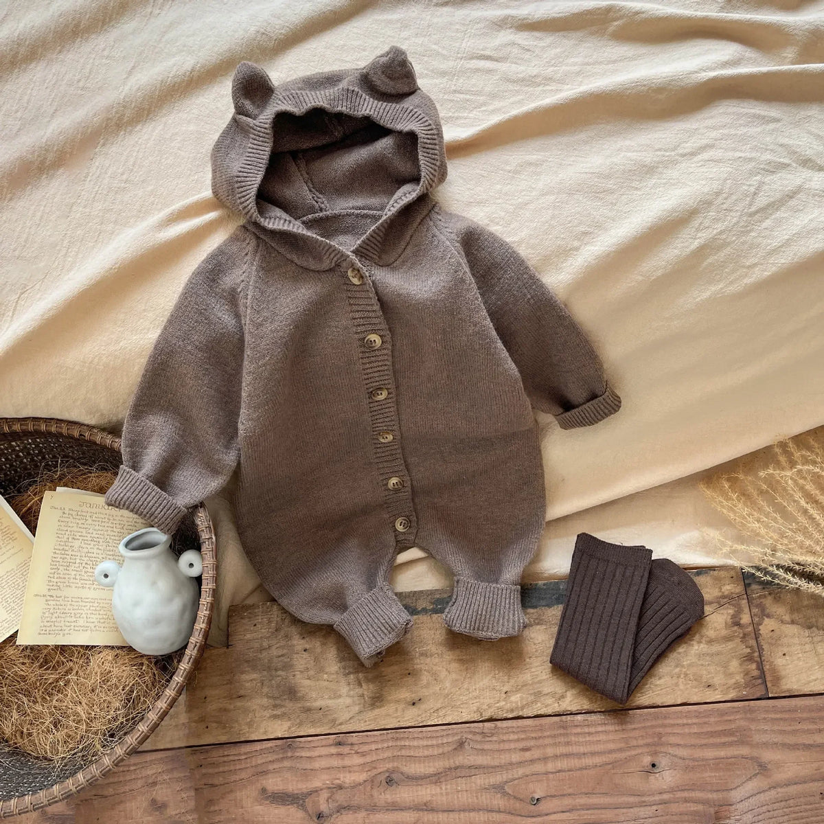 Round Ear Hooded Baby Knit Jumpsuit with Button Front and Ribbed Cuffs, Footless Spring and Fall Romper in Brown, Light Grey or Dark Grey