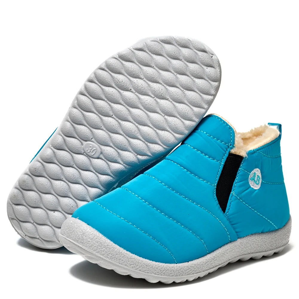 Kids Quilted Ankle Winter Boots with Plush Lining and Side Zippers, Blue Padded Cold-Weather Shoes with Rounded Toes, Sizes 26–35