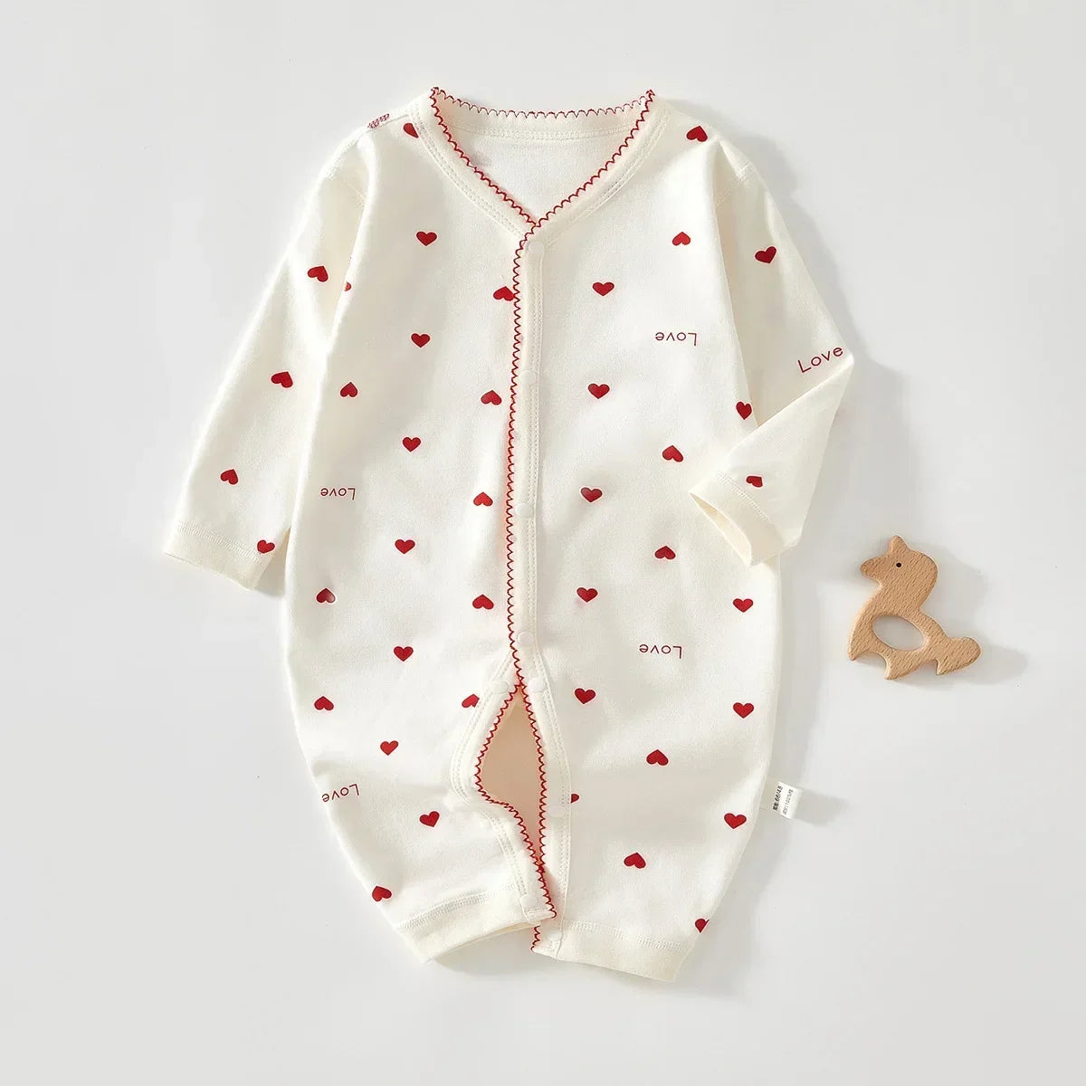 Printed Baby One-Piece Romper with Long Sleeves, Front Opening and Footless Legs, Heart and Animal Style Options for Boys and Girls, Sizes 59-90 cm