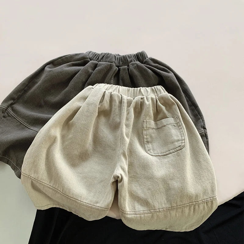 Toddler Wide Leg Pants with Elastic Waist and Stitched Patch Pockets, Apricot or Dark Gray Casual Harem Trousers for Boys and Girls, 12M–6T