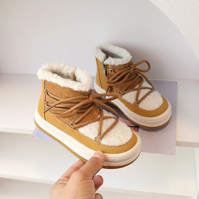Toddler Fuzzy Trim Ankle Boots with Lace-Up Front and Side Zippers, Plush Winter Styling and Rubber Soles for Boys and Girls, Sizes 21–30