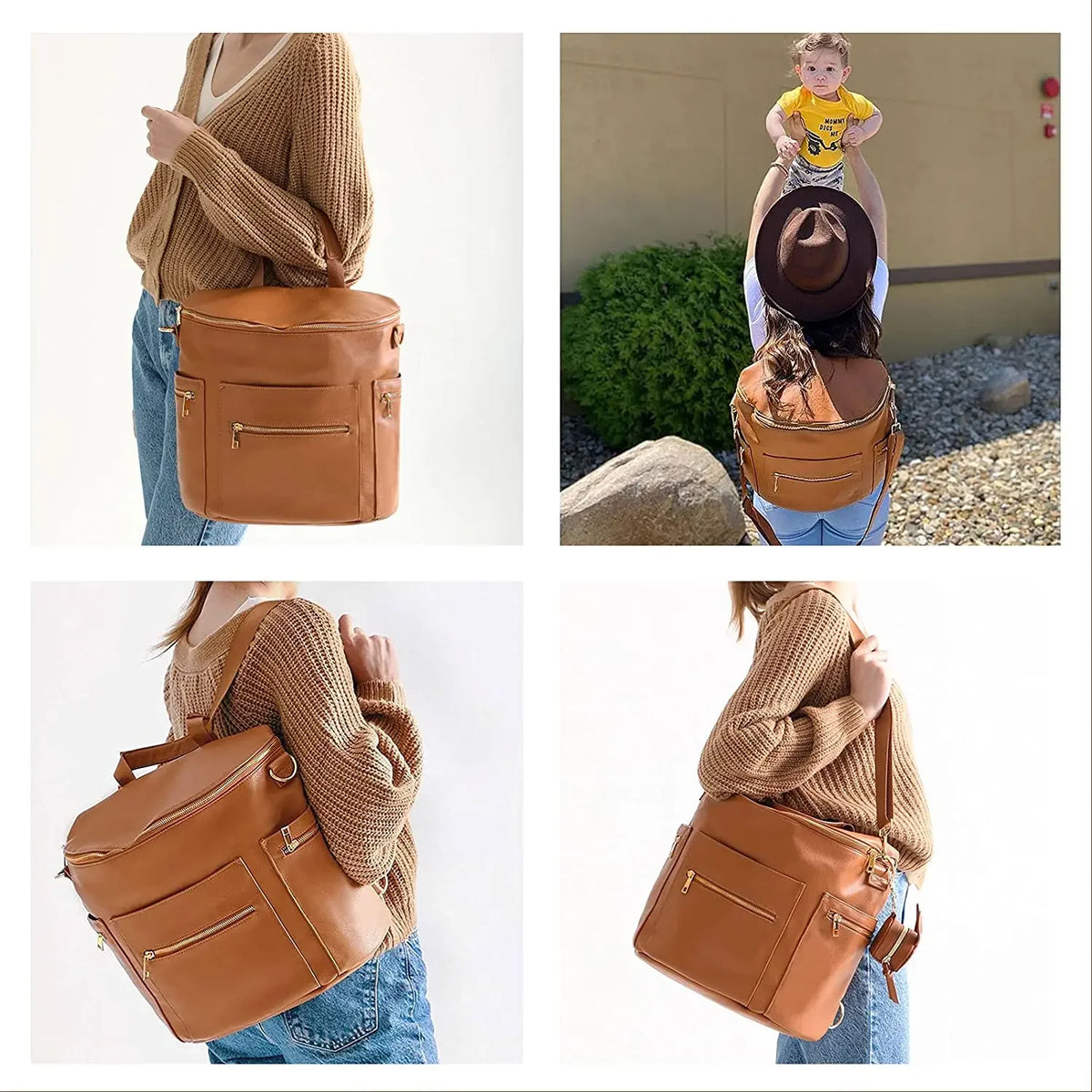 Convertible Diaper Backpack in PU Leather with Changing Pad, 11 Storage Pockets, Insulated Bottle Pockets and Shoulder Straps for Parents
