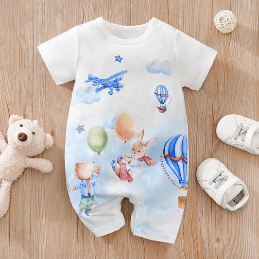 Animal Adventure Baby Romper with Hot-Air Balloon Print, Short Sleeves and Leg Snaps, Summer One-Piece Outfit for Boys and Girls, 0-18 Months