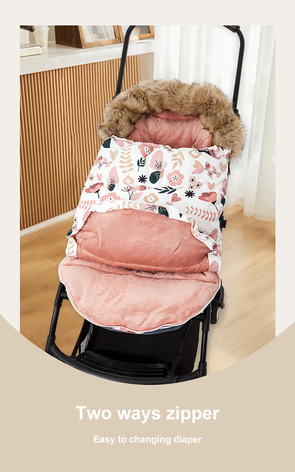 Baby Stroller Winter Footmuff with Two-Way Zipper, Removable Fur-Style Collar and Front Buttons, Pram Sack in Floral, Bear and Solid Styles