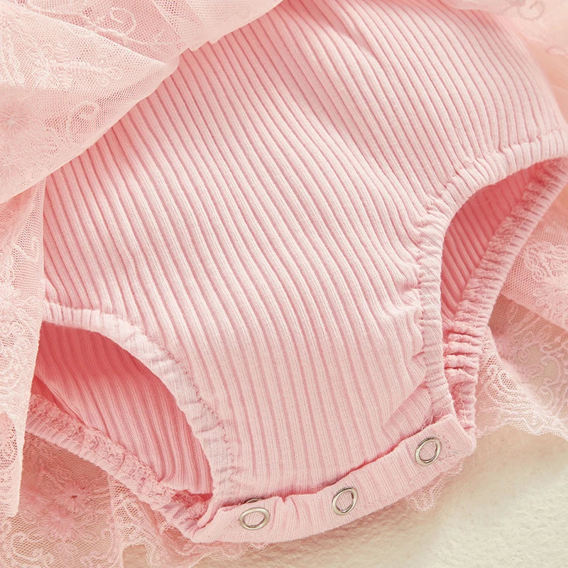 Flower Applique Baby Girl Romper Dress with Headband, Lace Mesh Skirt and Waist Bow, Cotton Blend Summer Occasion Outfit for 0-18 Months