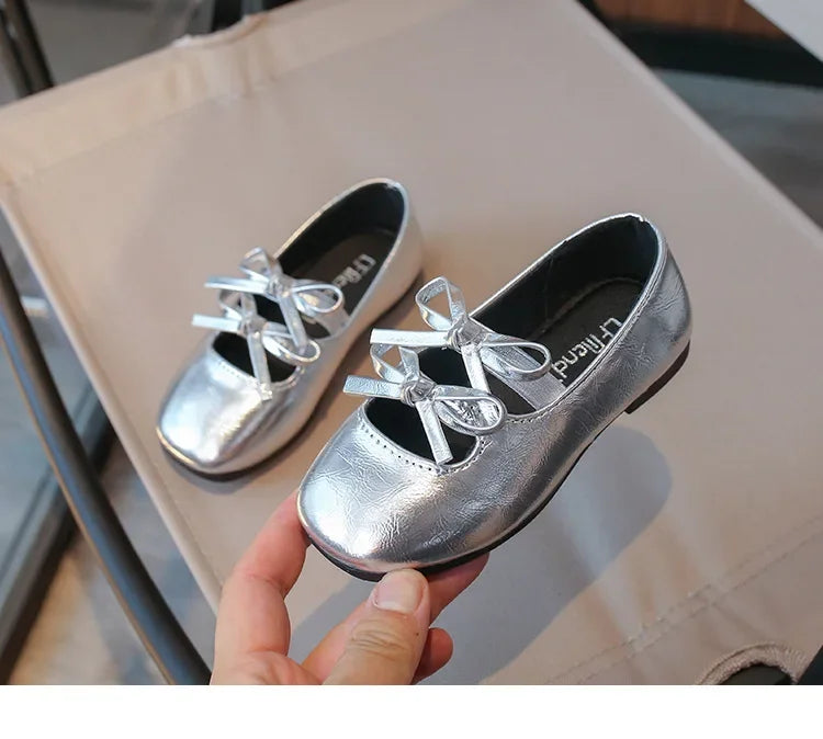 Girls Square-Toe Double-Bow Dress Flats with Cross-Strap Detail in Silver, Black or Gold for Party Outfits, Family Celebrations and Special Occasions