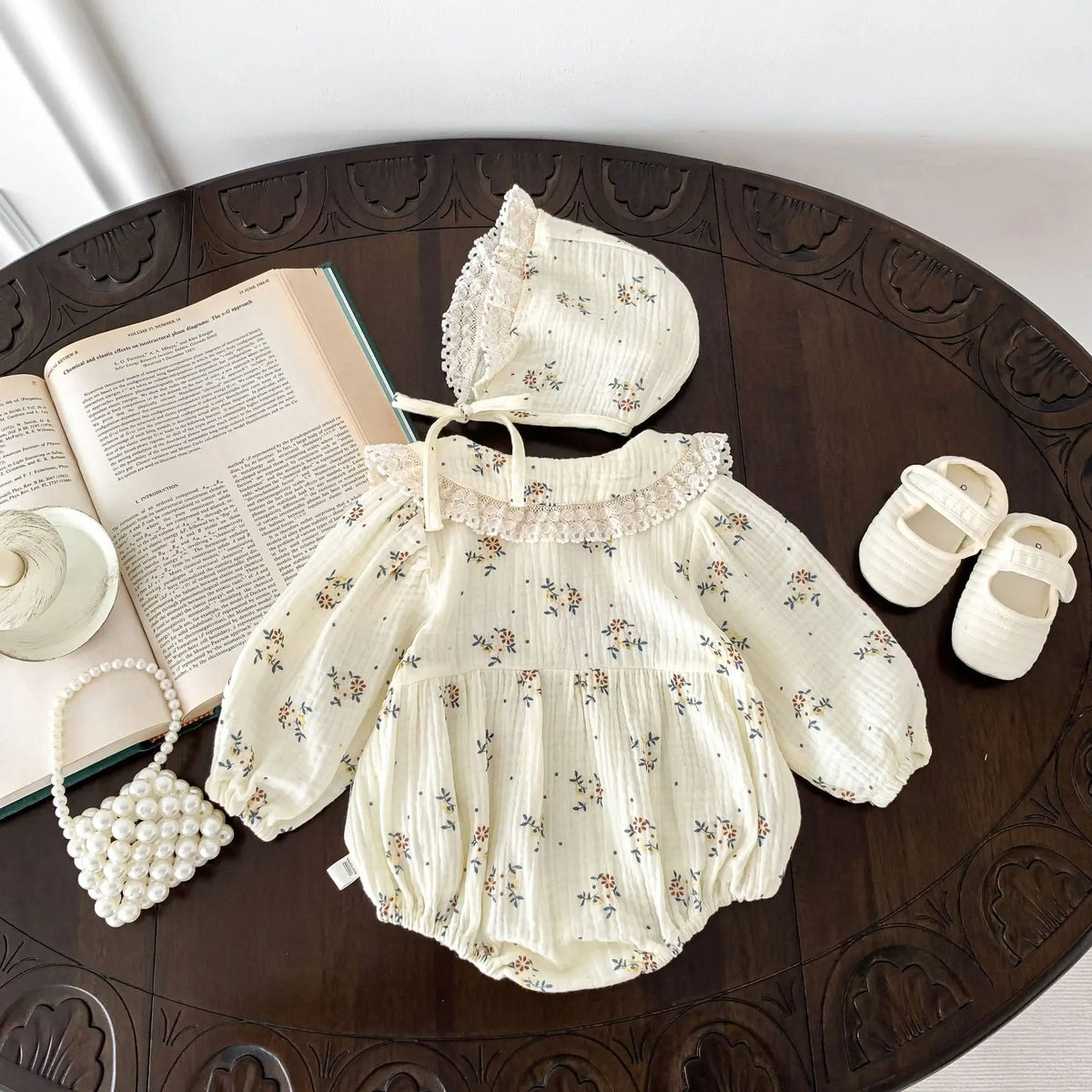 Lace Collar Baby Girl Romper with Bonnet, Cream Floral Long Sleeve Bubble One-Piece and Matching Hat for Spring Photos, Sizes 66-90
