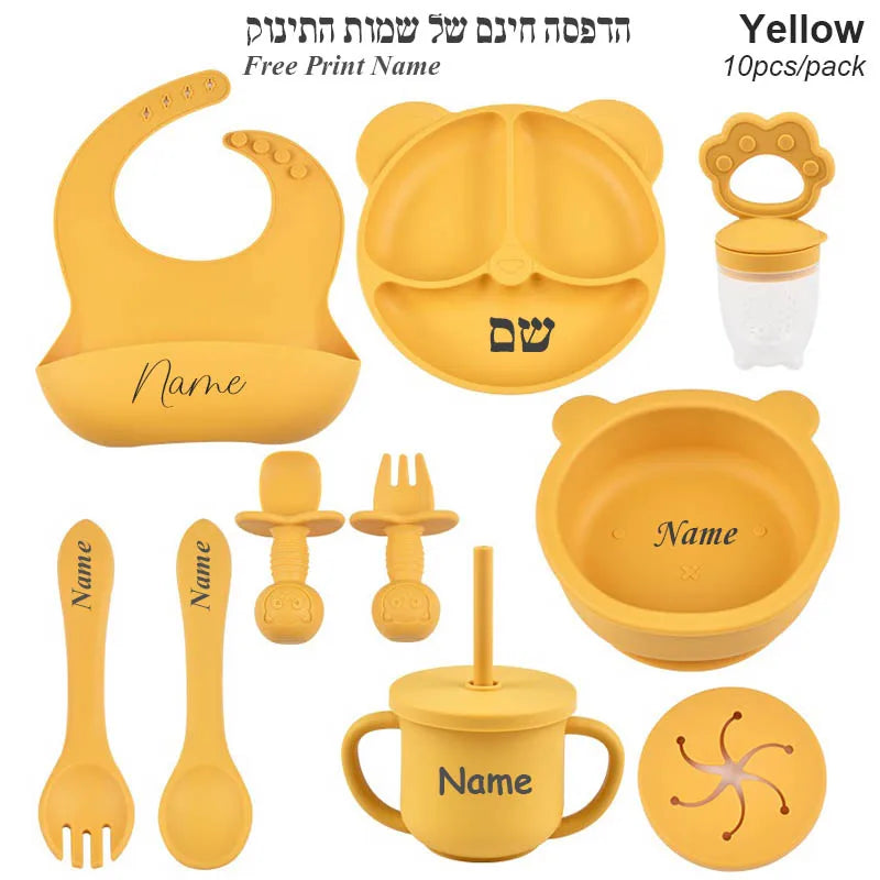 Ten-Piece Personalized Baby Feeding Set with Panda Divided Plate, Suction Bowl, Pocket Bib, Straw Cup and Utensils in Nine Color Options