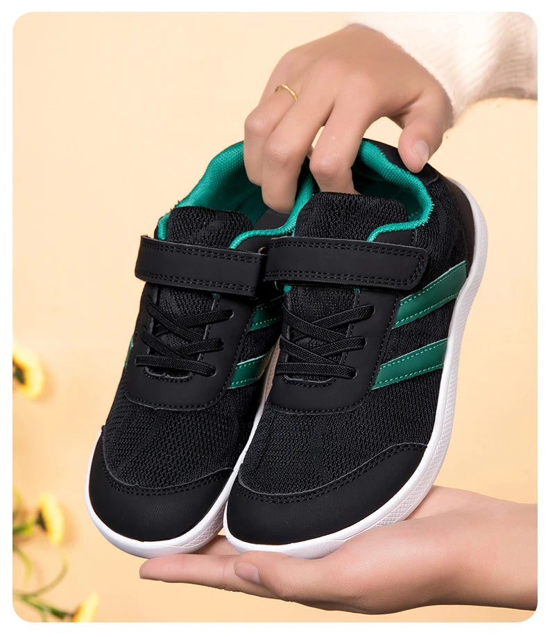 Kids Wide-Toe Mesh Sneakers with Adjustable Hook-and-Loop Strap, Contrast Side Stripes and Low-Top Casual Style in Pink, Black or Blue