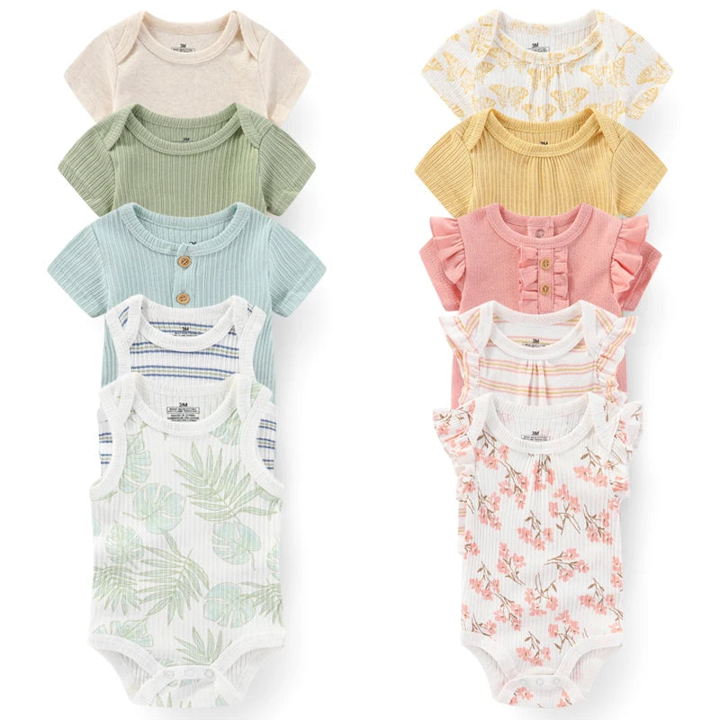 Cotton Baby Bodysuit Set of 5, Short Sleeve and Sleeveless Infant Clothing Styles with Solid Colors and Prints for Boys and Girls, 3M-12M